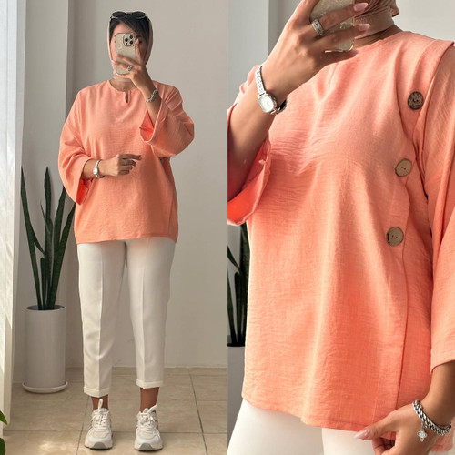 شومیز تابستانی بغل دکمه هلویی