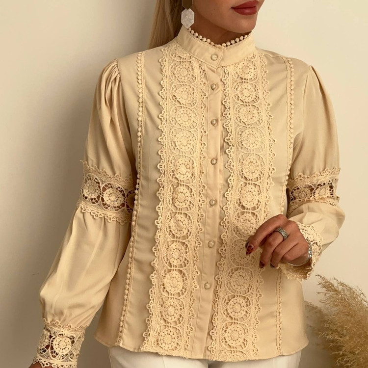 شومیز کرپ مدل گیپور دوزی کرم