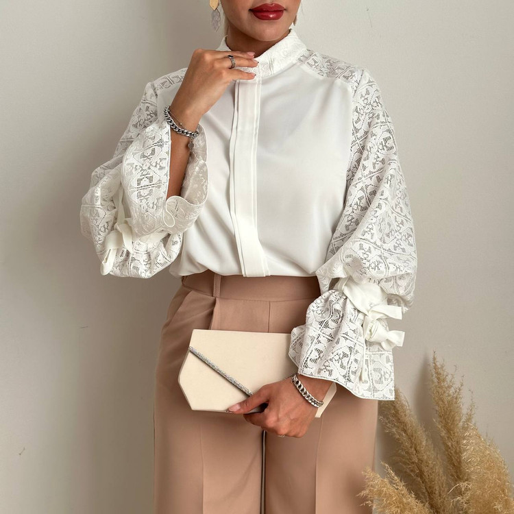 شومیز کرپ گیپور دوزی آستین عروسکی سفید