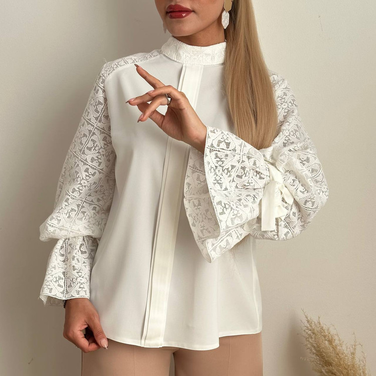 شومیز کرپ گیپور دوزی آستین عروسکی سفید