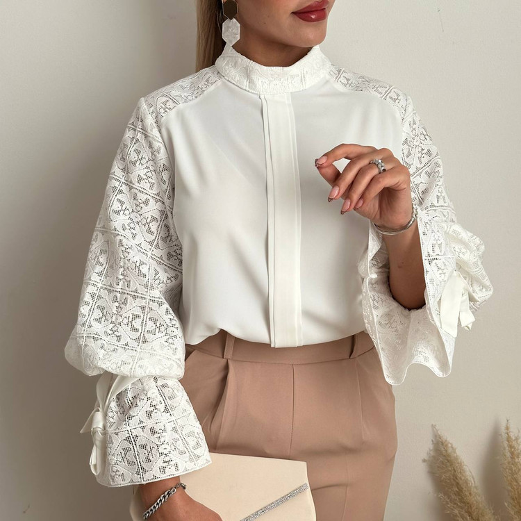 شومیز کرپ گیپور دوزی آستین عروسکی سفید