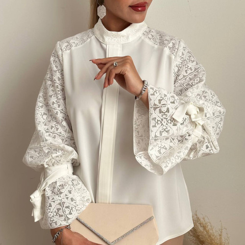 شومیز کرپ گیپور دوزی آستین عروسکی سفید