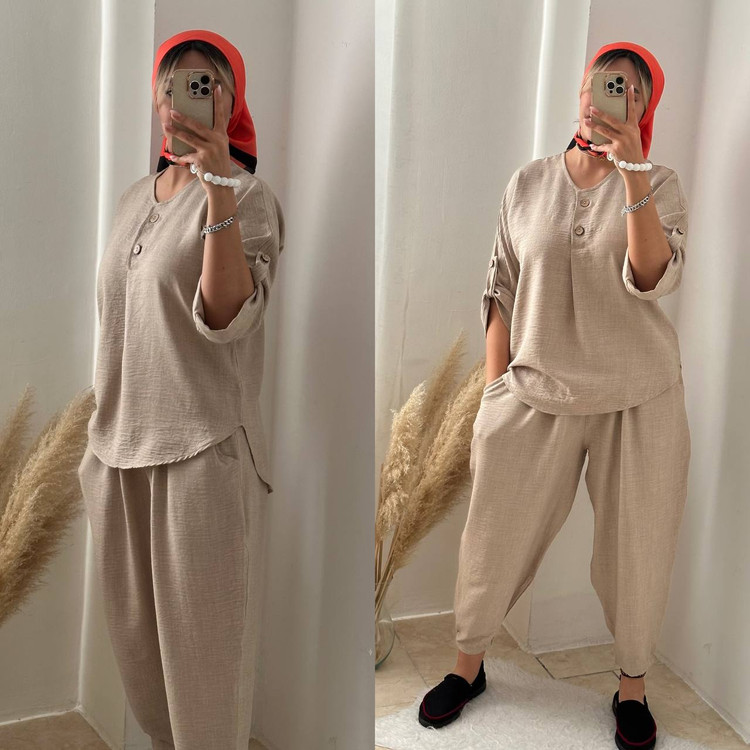 ست شومیز با شلوار خمره ای کرم