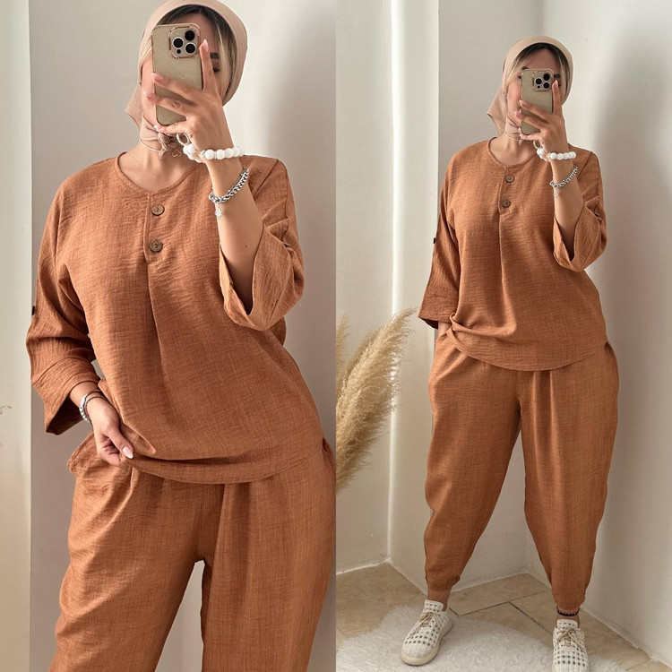 ست شومیز با شلوار خمره ای آجری