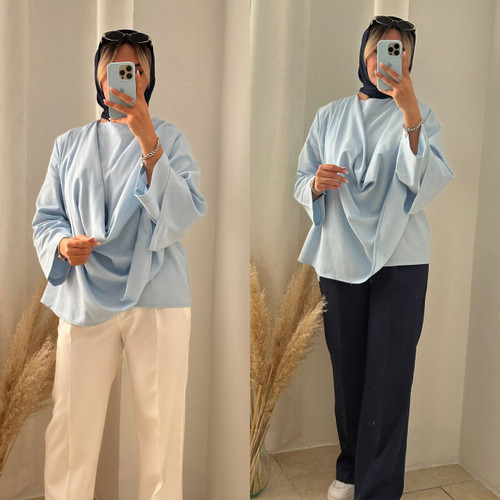 شومیز مانتویی لینن آبی