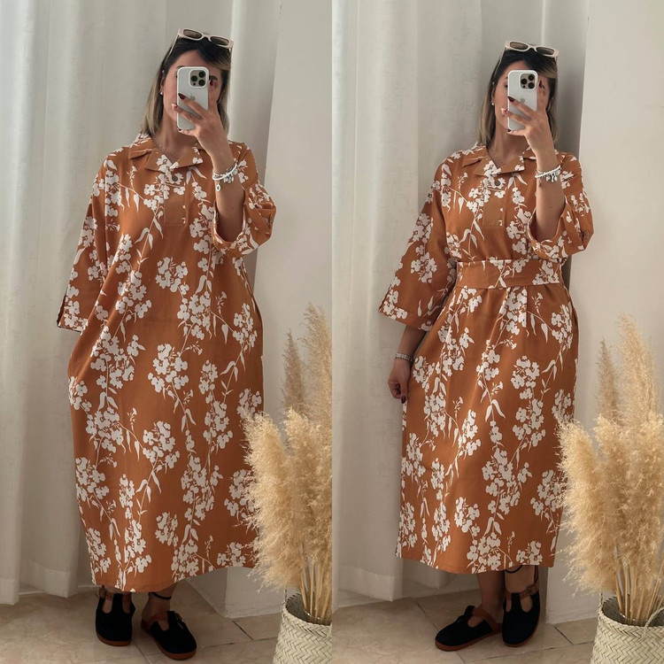 پیراهن کیمونو کمربند دار قهوهای