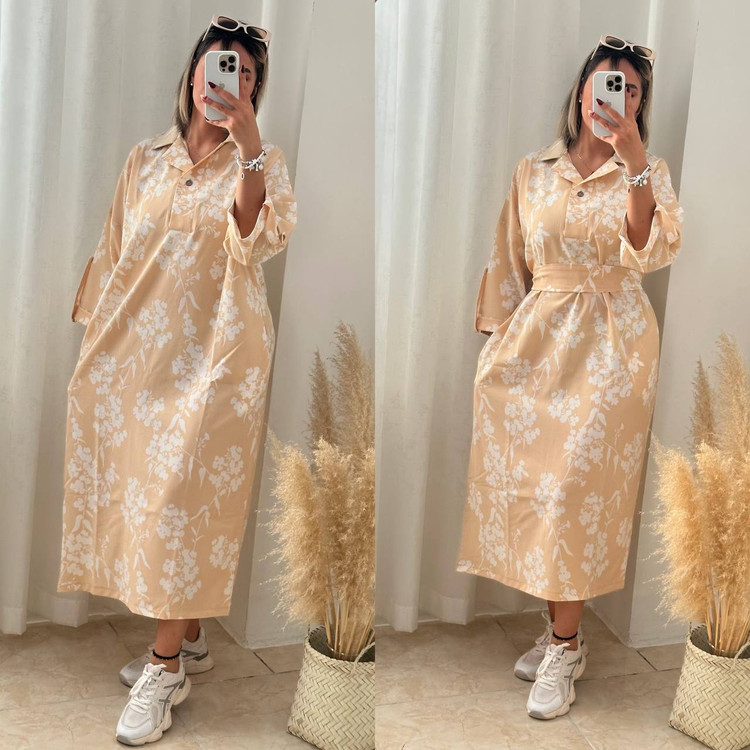 پیراهن کیمونو کمربند دار کرم