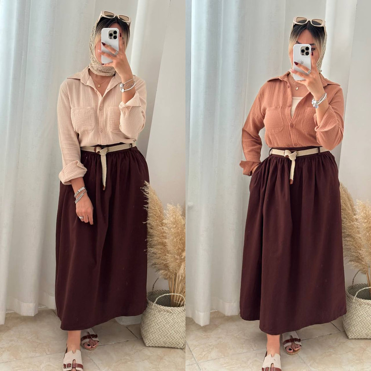 دامن لنین پنبه قهوه ای